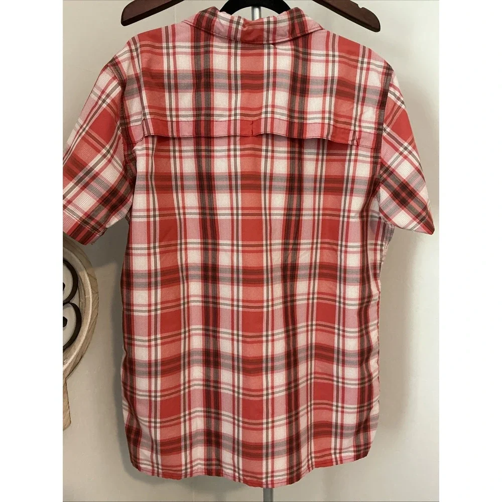 The North Face Men's Short Sleeve Button Down Orange Plaid Shirt Size Large EUC